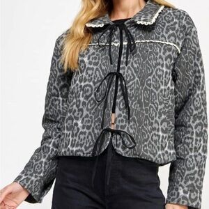 Strut & Bolt Black Leopard Quilted Bomber Jacket white piping & black bows sz M